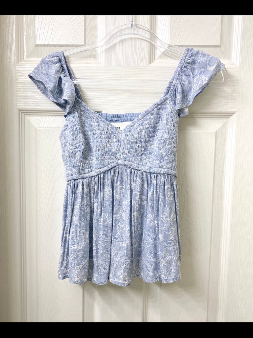 Hollister Light Blue Paisley Smocked Peplum Crop Top